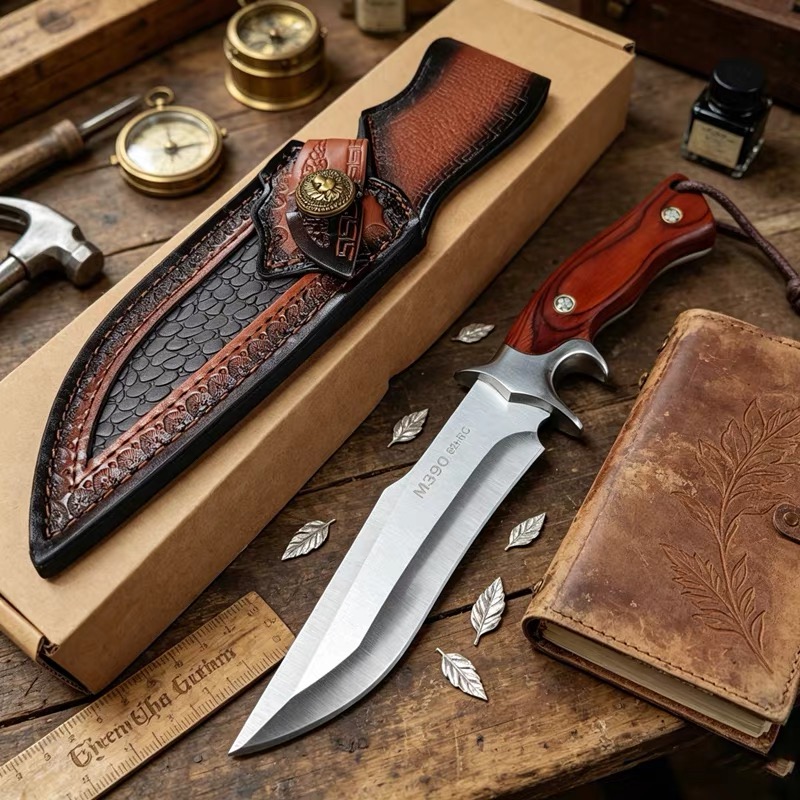 Survival Knife Full Tang - M390 스틸 아웃도어 직선 나이프, 나무